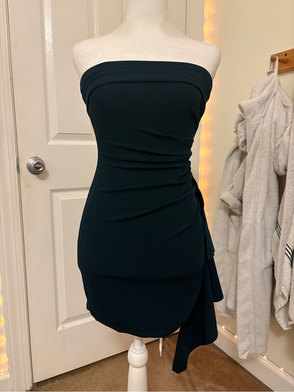 Windsor Strapless Ruched Side-Tie Dress in Dark Teal